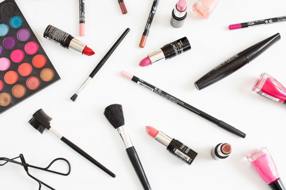 Flat lay of trending beauty and makeup products